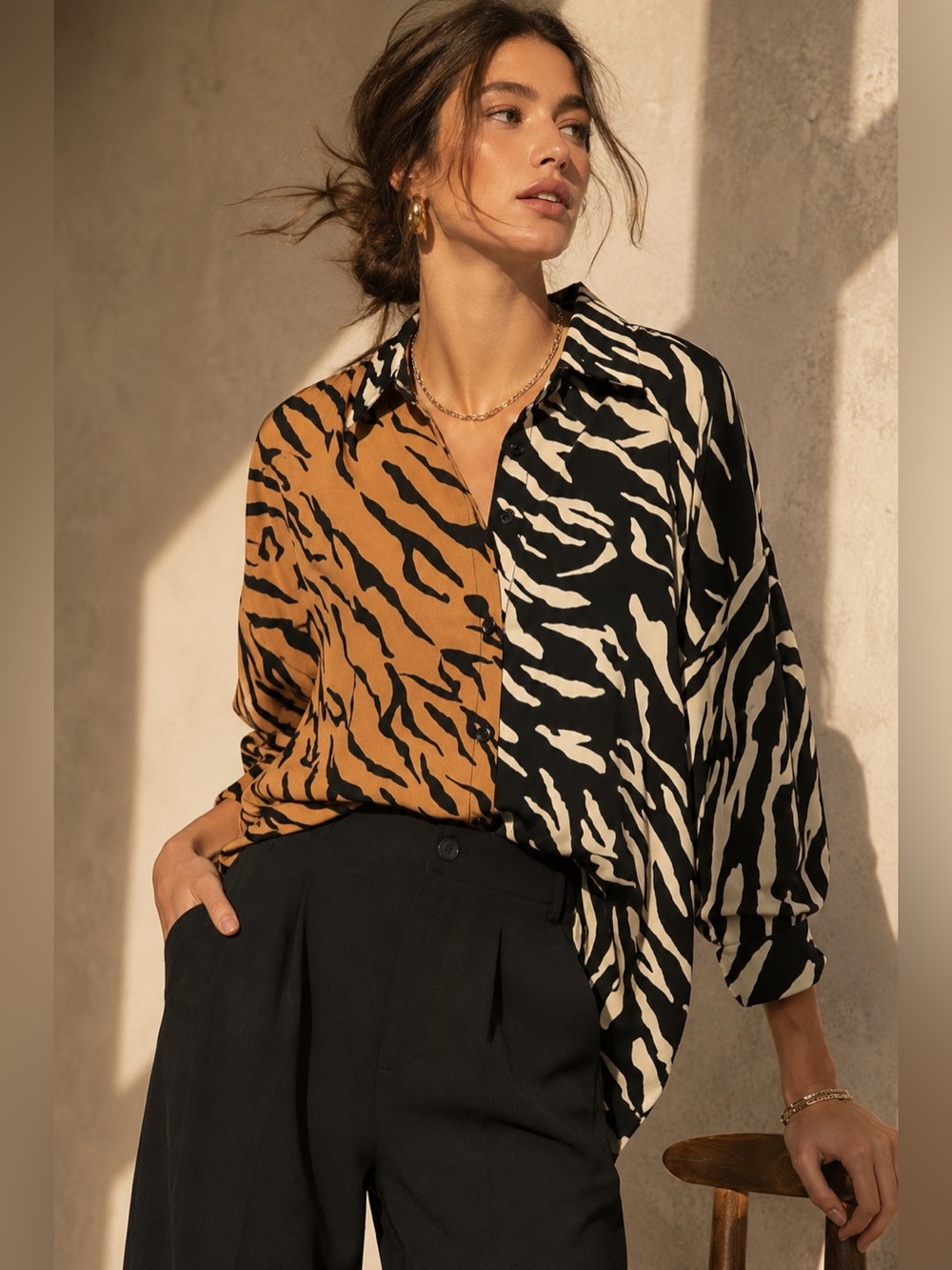 JODIFL Zebra Print Colorblock Button Down Blouse Black Camel Cream S NWOT